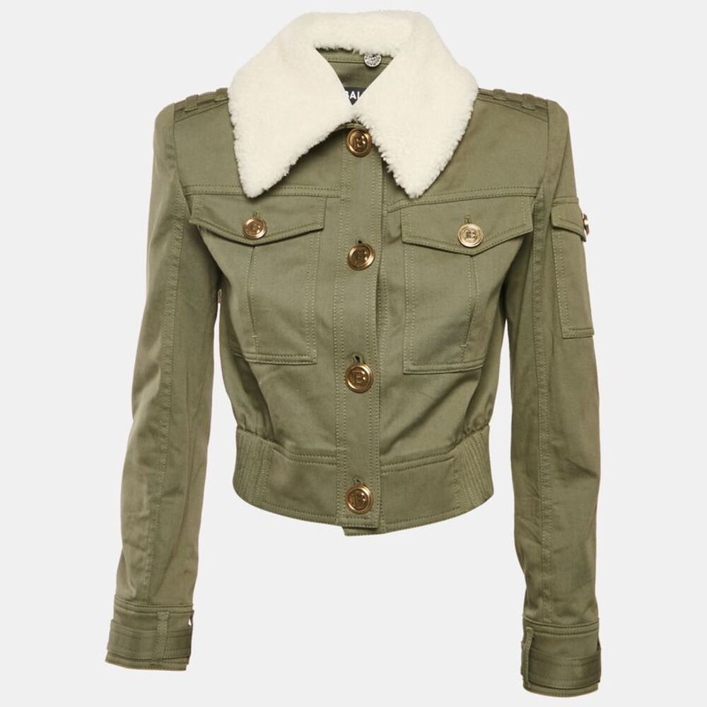 Balmain Green Shearling Collar Gabardine Crop Jacket S
